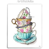 A stack of teacups art print stacked tea cups floral teacup print kitchen print of original watercolor painting handmade products