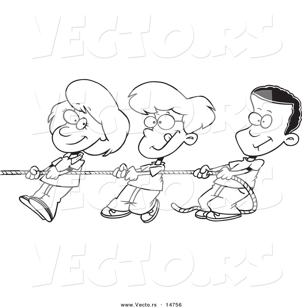 R of a cartoon girl and boys pulling a rope