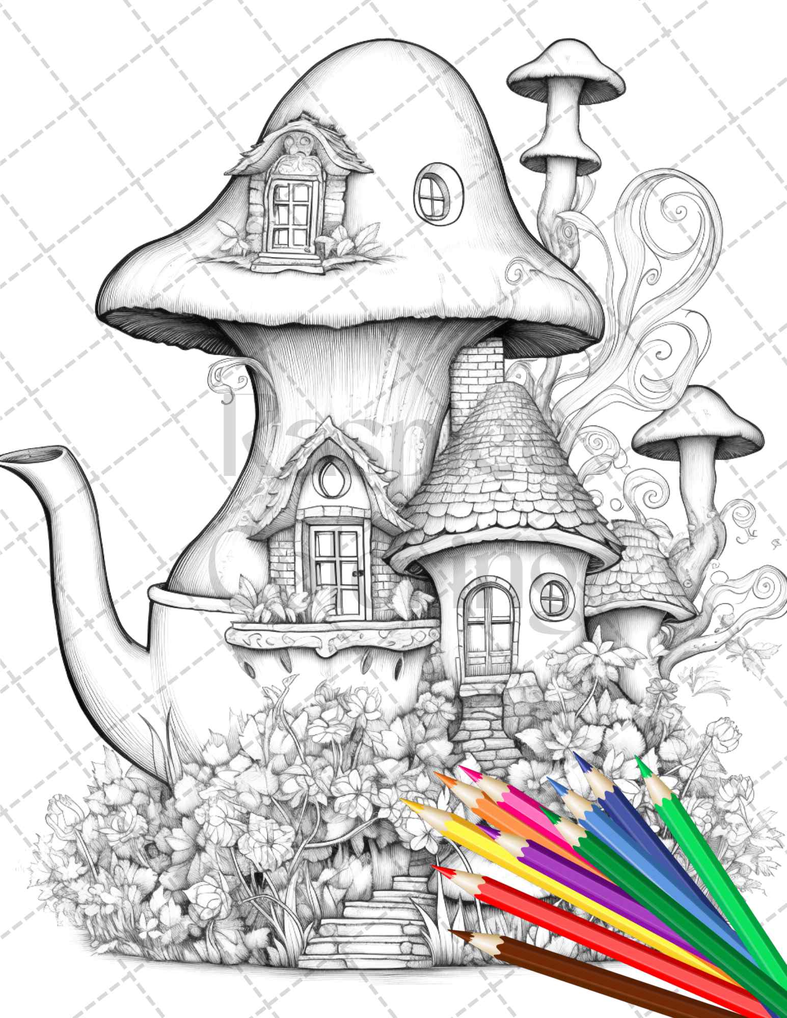 Teapot fairy houses grayscale coloring pages printable for adults â coloring