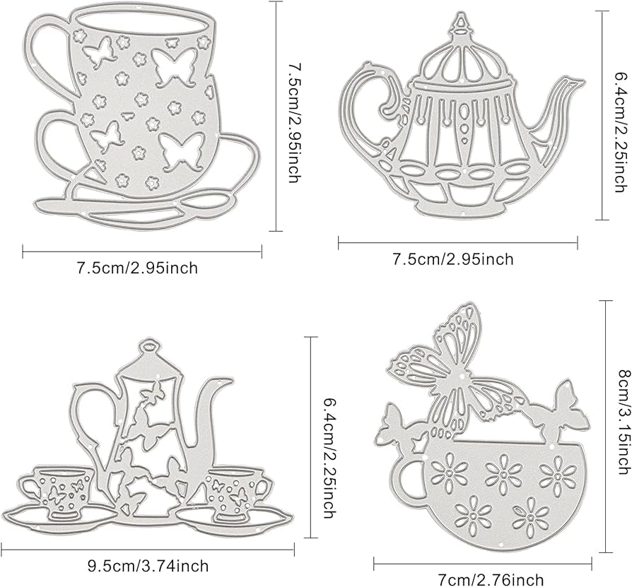 Globleland pcs metal teapot tea cup cutting dies tea cup with butterfly stencil template for tea party invitations scrapbook embossing christmas wedding birthday paper card craft