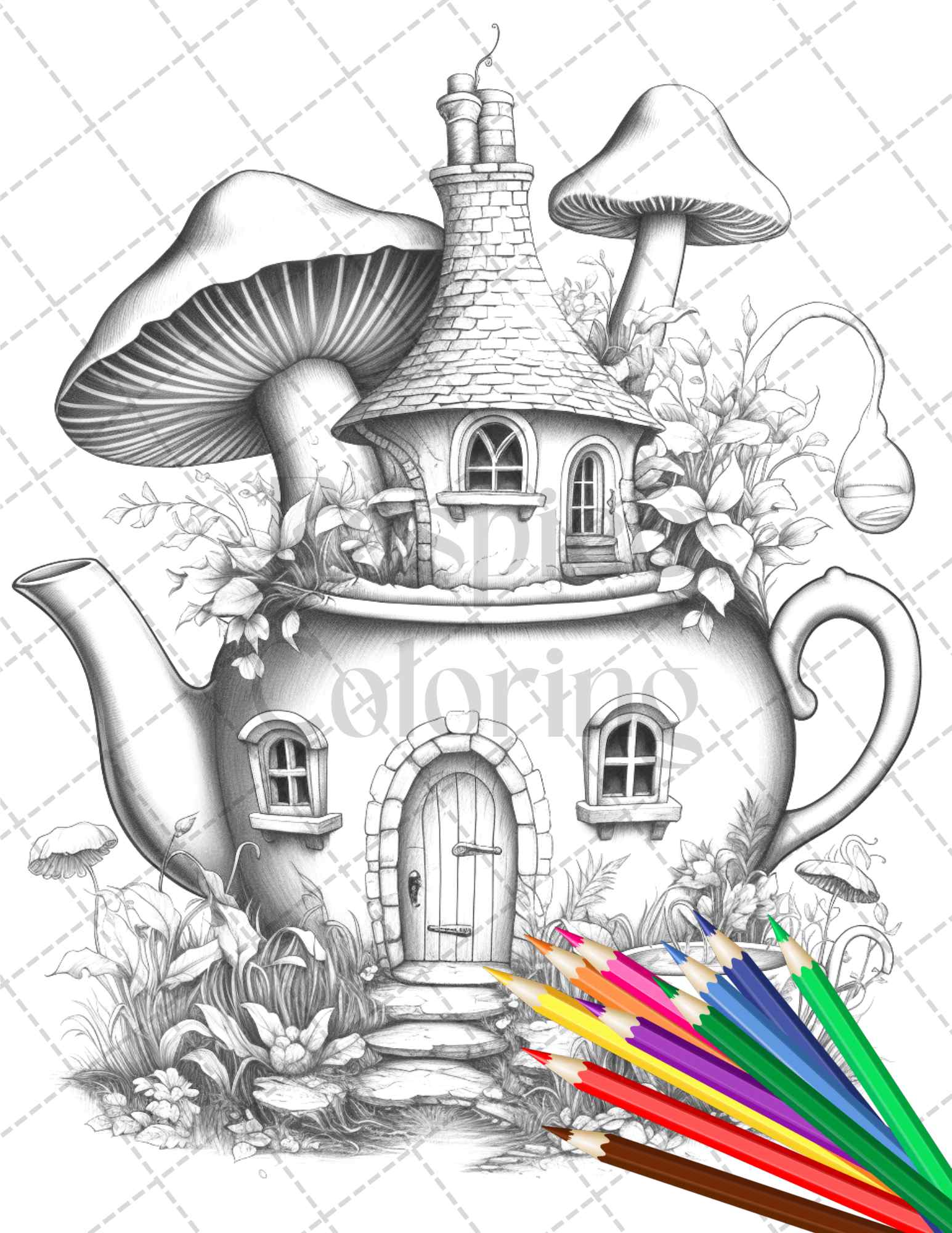 Teapot fairy houses grayscale coloring pages printable for adults â coloring