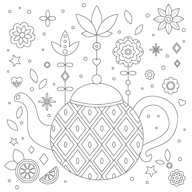 Premium vector antistress coloring page with teapot and flowers