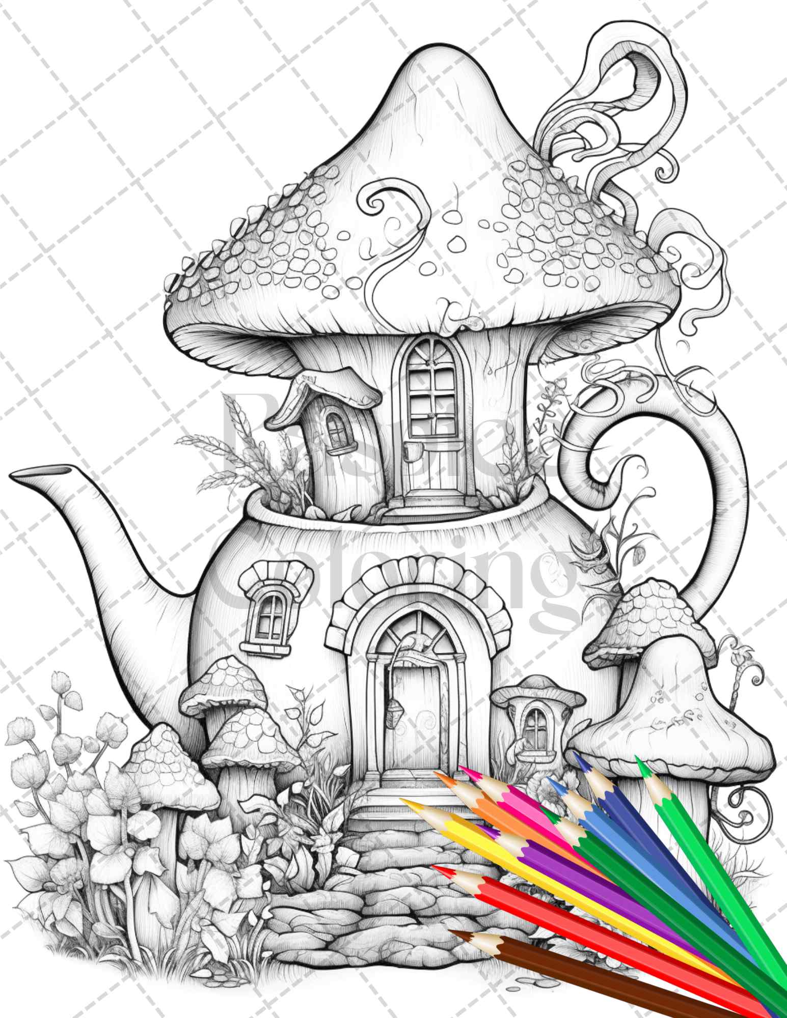 Teapot fairy houses grayscale coloring pages printable for adults â coloring