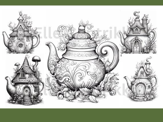 Teapot house coloring bookrelax and unwind adult coloring pagesprintable digital downloadunique house coloring wbonus sticker sheets