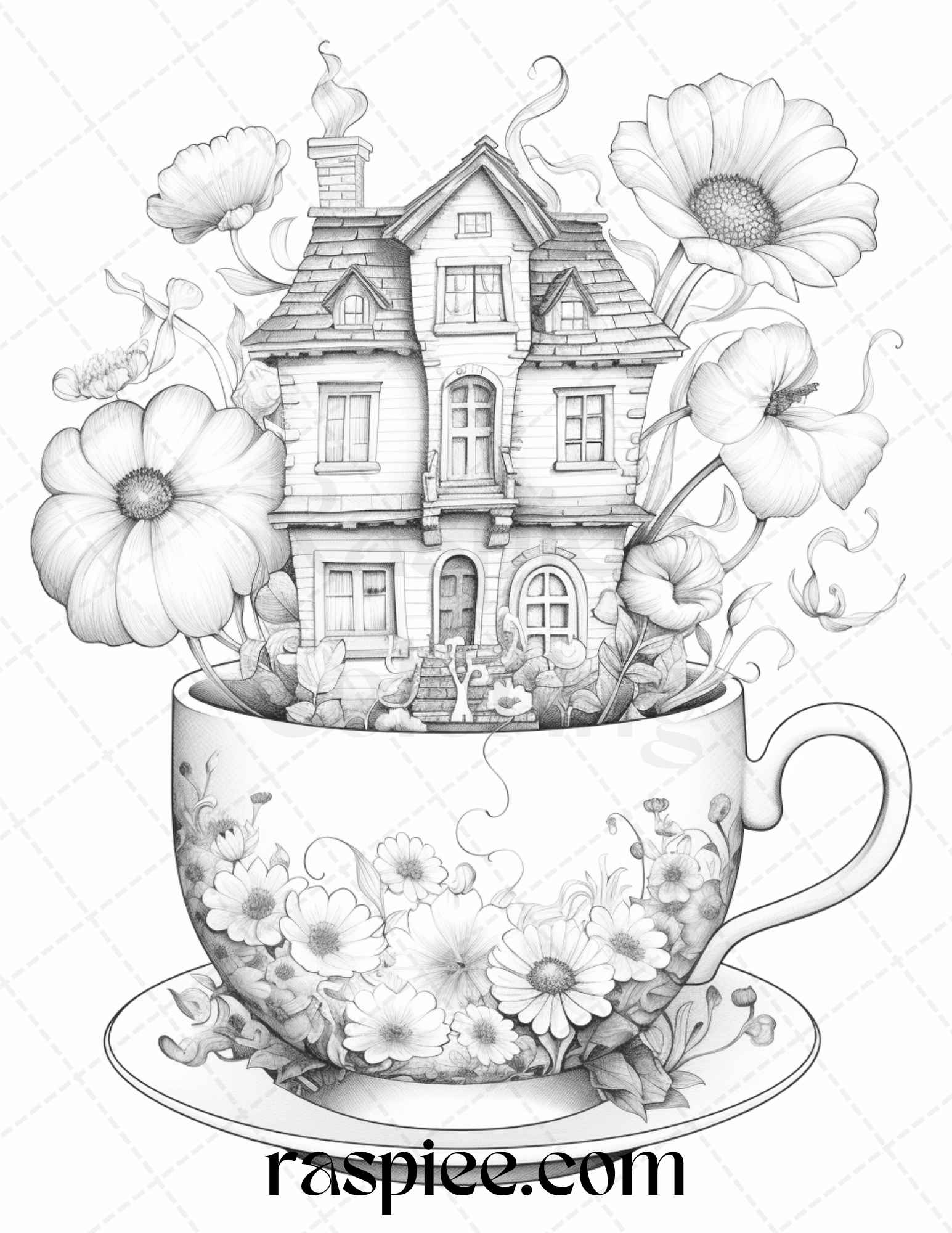 Flower teacup fairy houses grayscale coloring pages printable for a â coloring