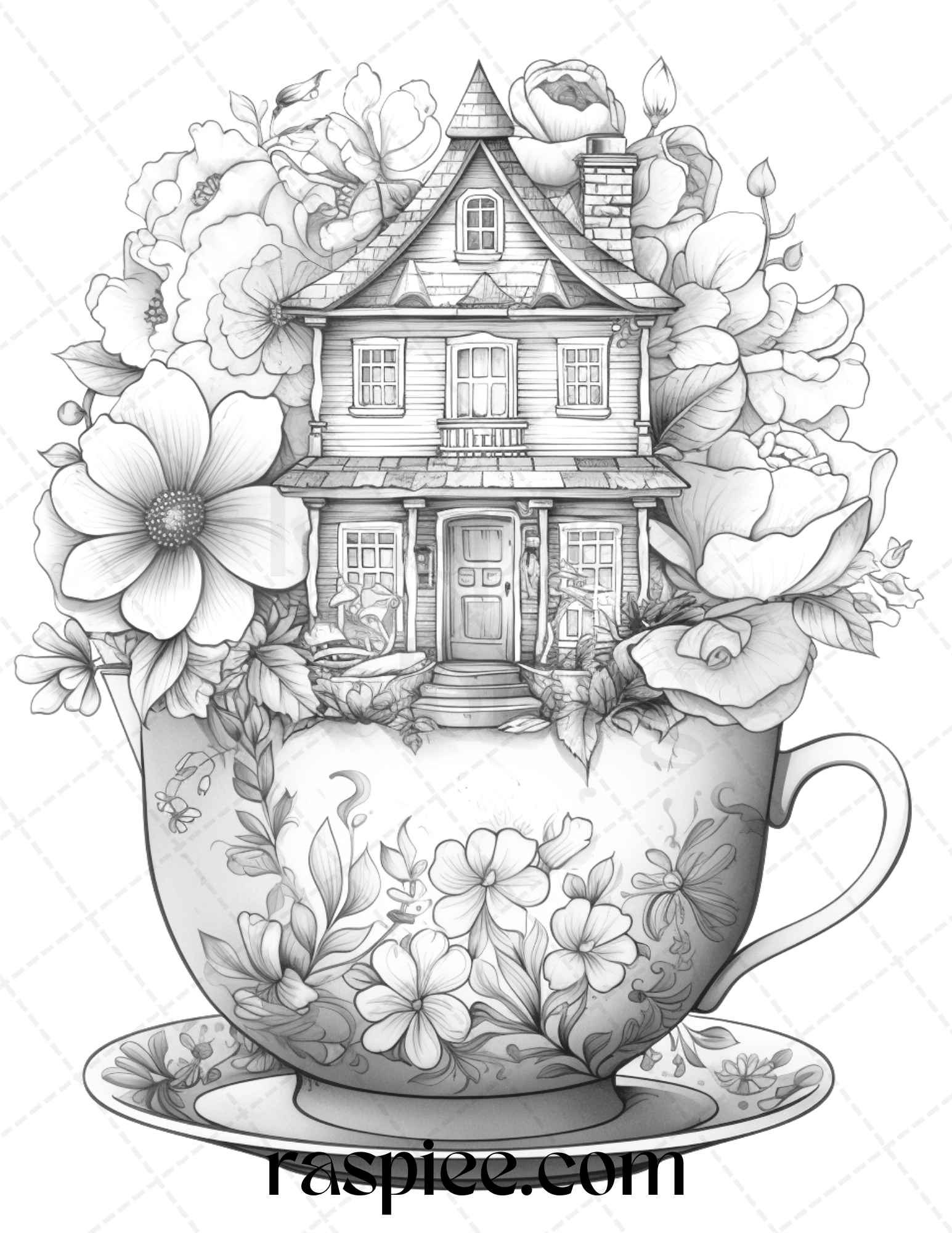 Flower teacup fairy houses grayscale coloring pages printable for a â coloring