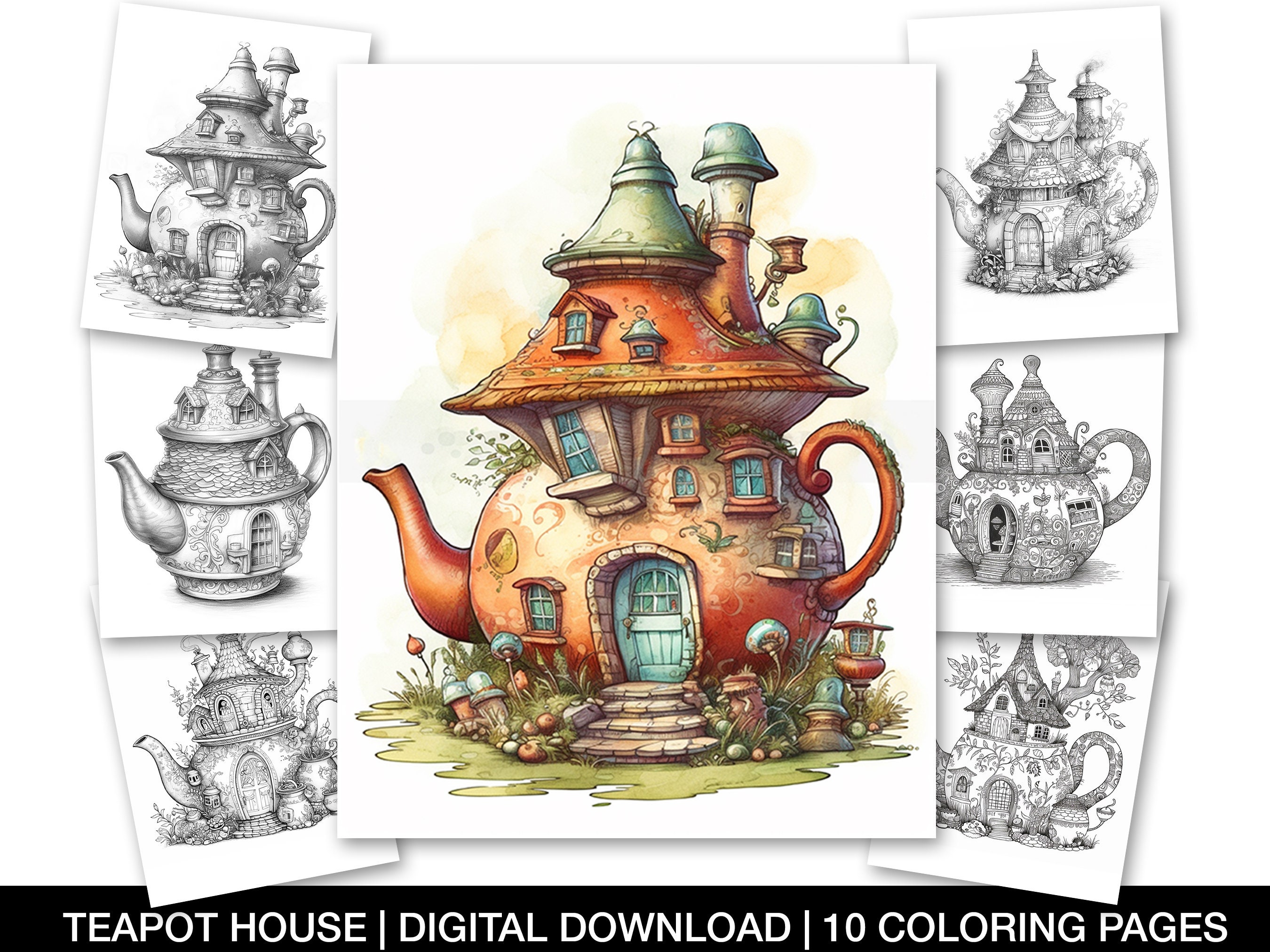 Enchanted fairy teapot house coloring pages for adults printable teapot house sheet grayscale coloring page fariy homes instant download download now