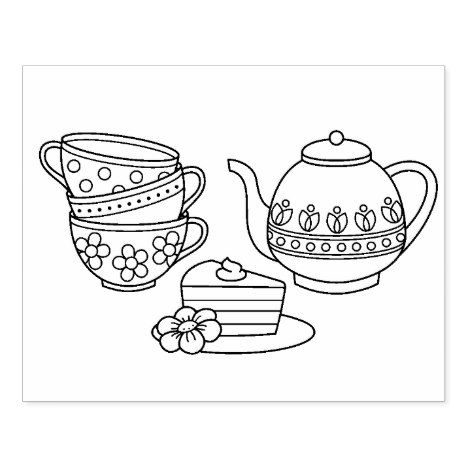 Teapot teacups and cake coloring page rubber stamp zazzle tea pots coloring pages butterfly coloring page