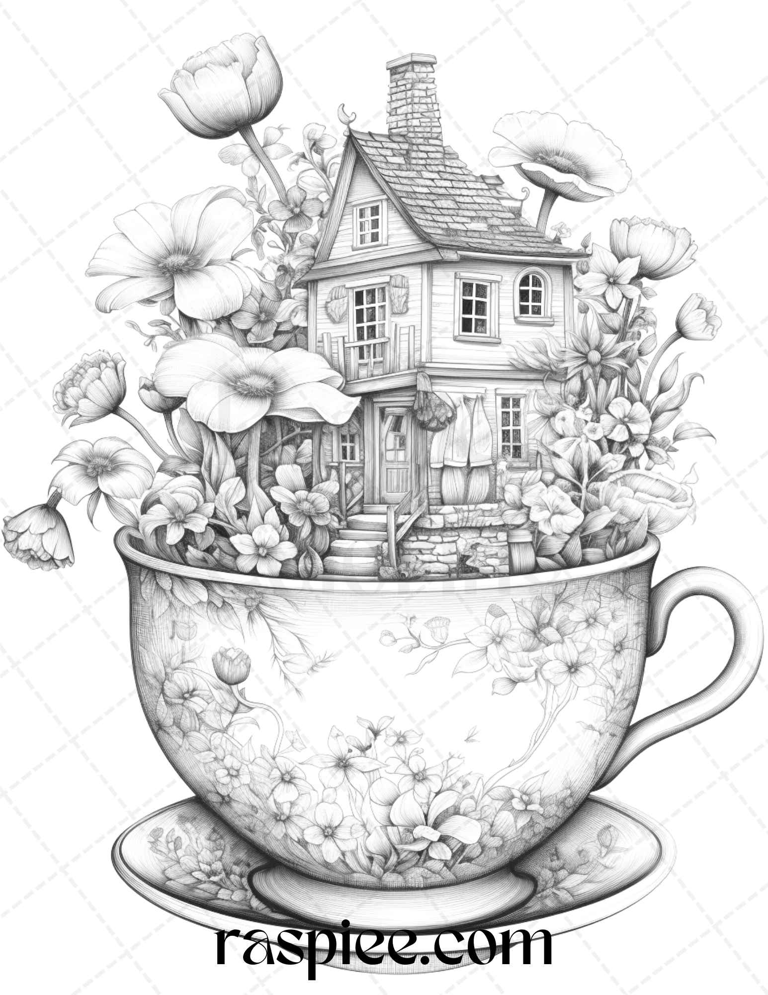 Flower teacup fairy houses grayscale coloring pages printable for a â coloring