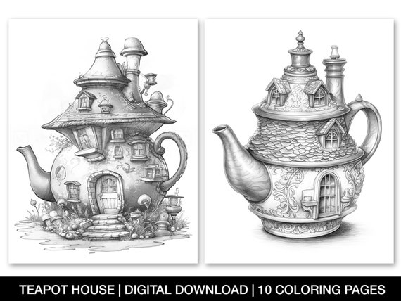 Enchanted fairy teapot house coloring pages for adults printable teapot house sheet grayscale coloring page fariy homes instant download download now