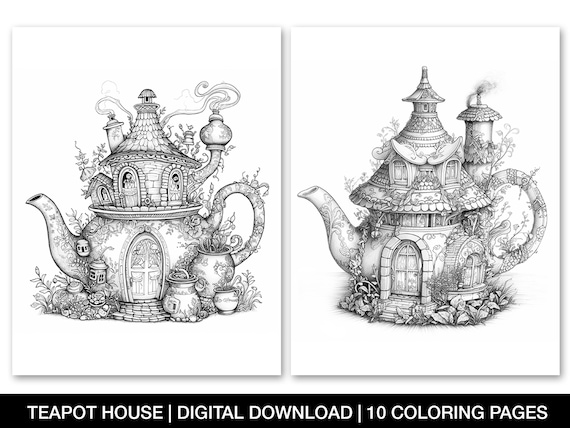 Enchanted fairy teapot house coloring pages for adults printable teapot house sheet grayscale coloring page fariy homes instant download download now