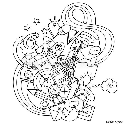 Doodles social media technology objects with doodle wave for coloring and design easy to change colors vector â vector illustration color vector illustration