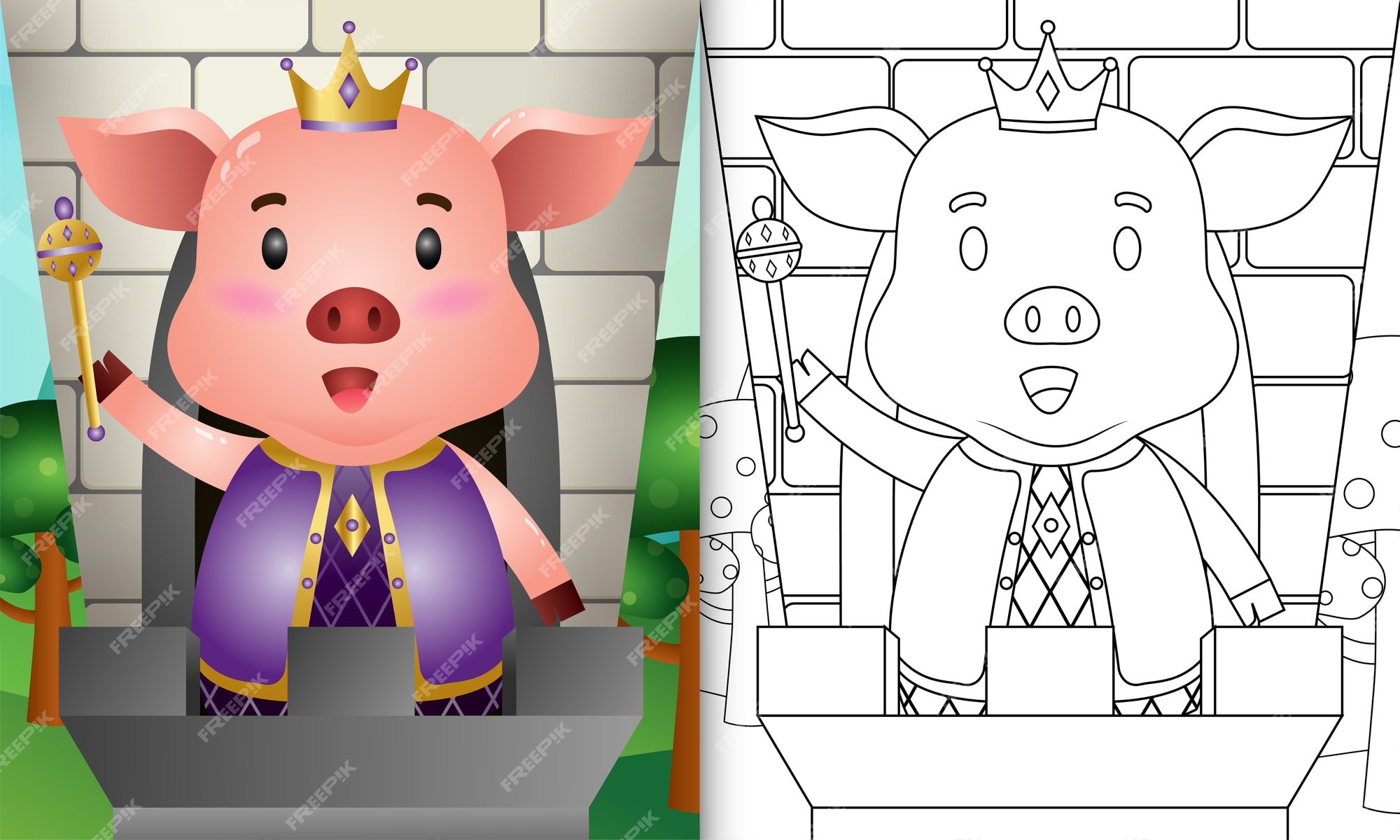 Premium vector coloring book for kids with a cute king pig character illustration