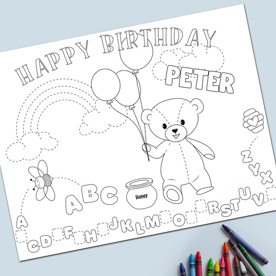 Kids birthday placemat editable teddy bear coloring placemat template instant download printable coloring matt toddler