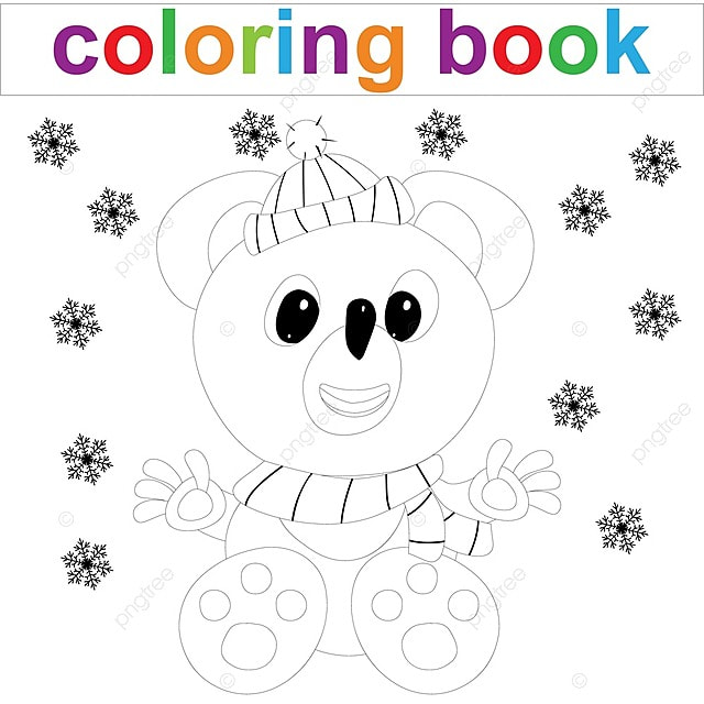 Coloring page template with cartoon teddy bear and snowflakes for kids template download on