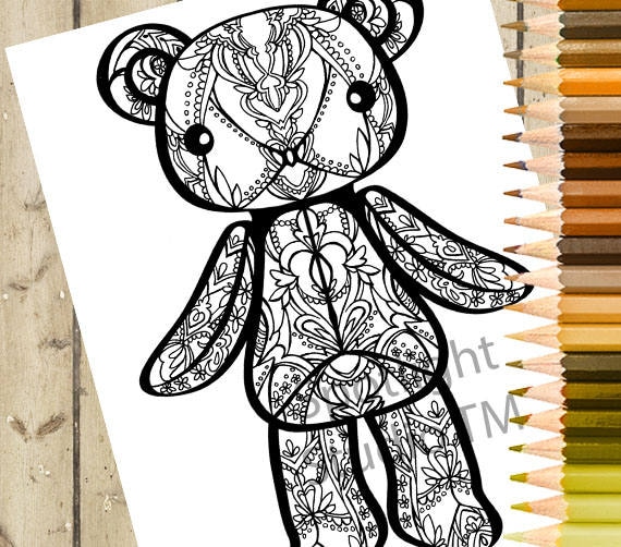 Teddy bear adult coloring page printable coloring page animal plush adult coloring book page teddy bear doll adult coloring page download