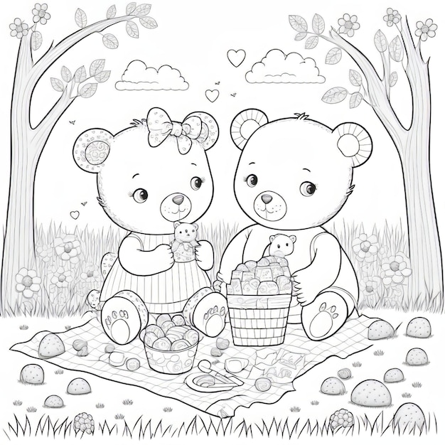 Premium photo coloring page two cartoon teddy bears in love