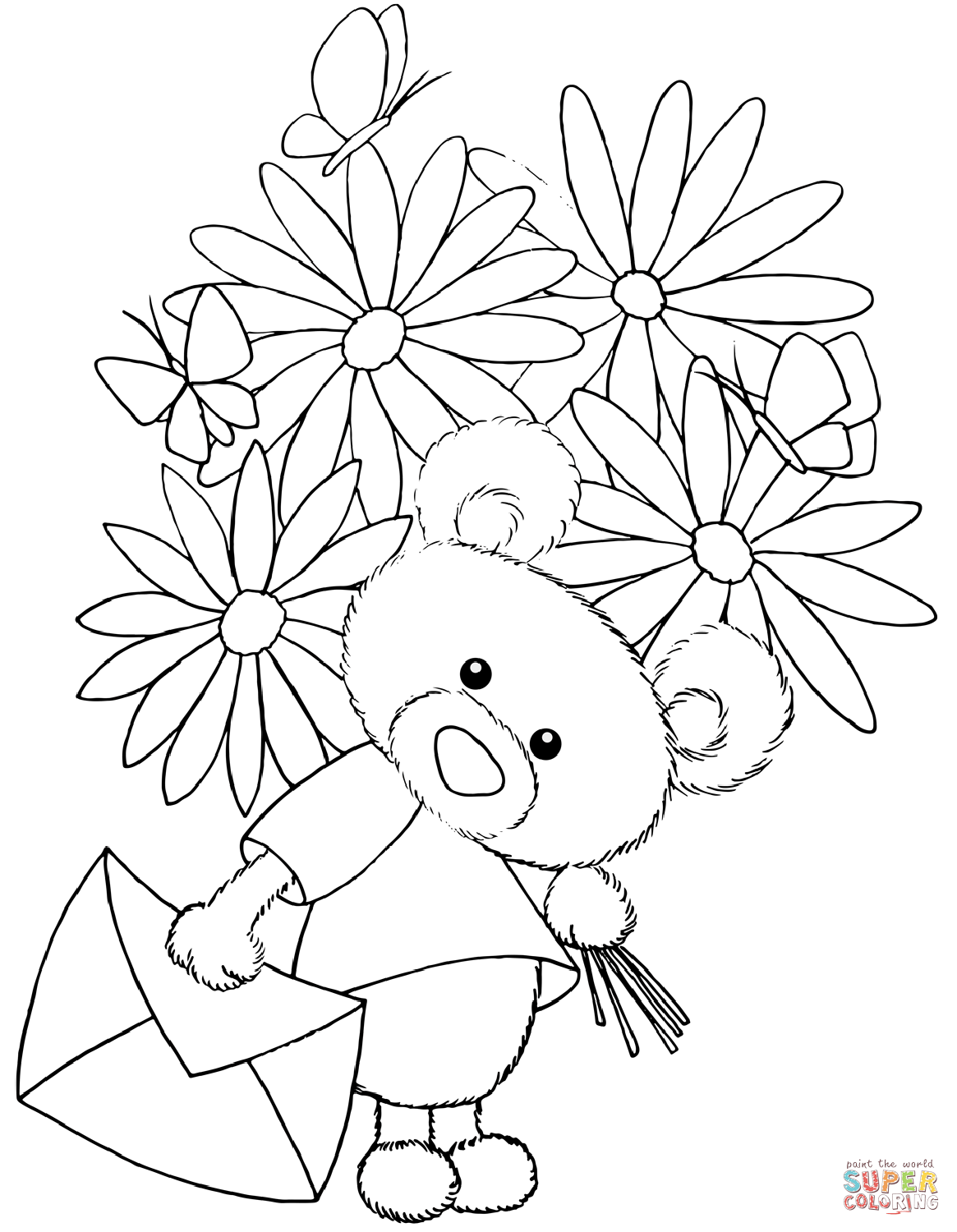 Teddy bear with flower bouquet coloring page free printable coloring pages