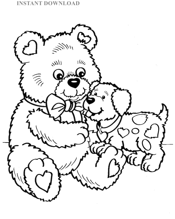 Printable teddy bear and puppy valentine coloring sheetinstant downloaddigital file x printable valentinekids coloring download
