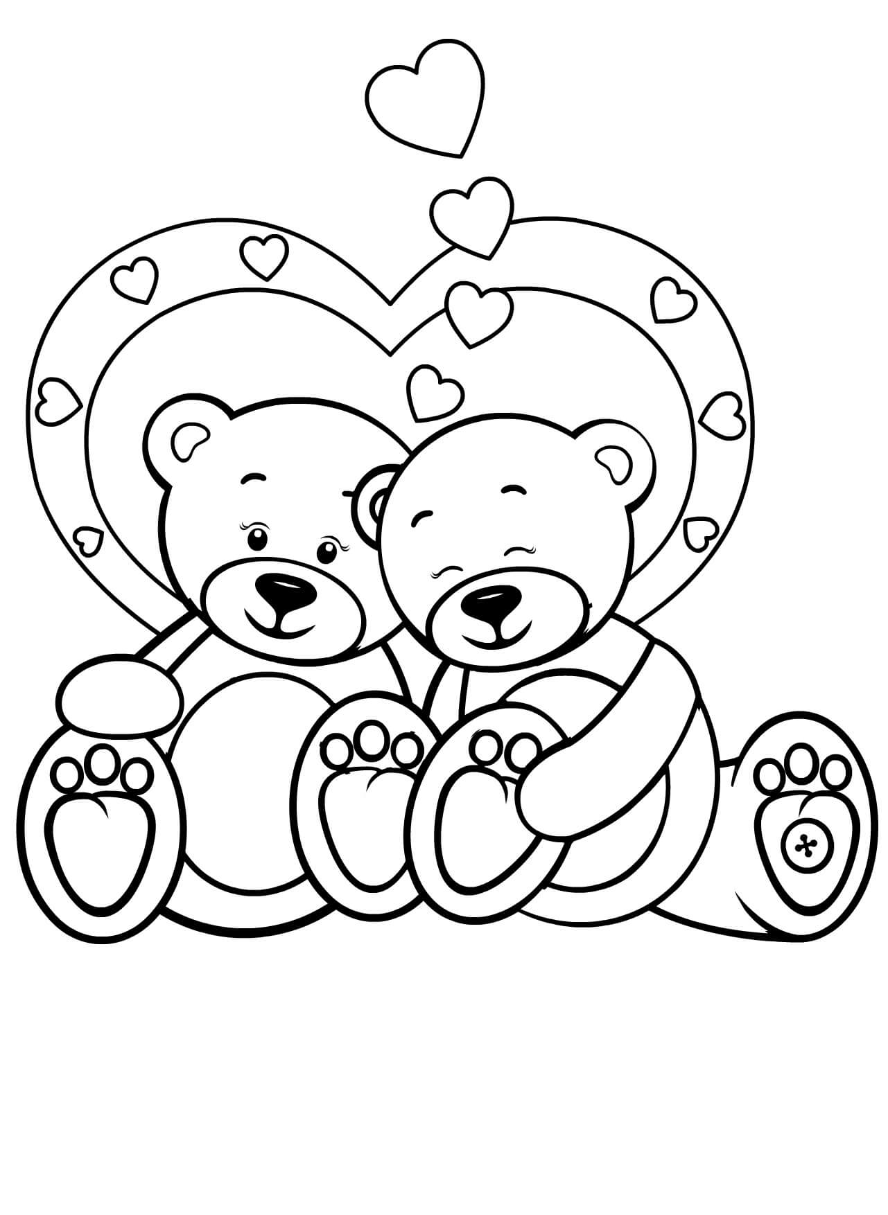 Two teddy bear in valentine coloring page