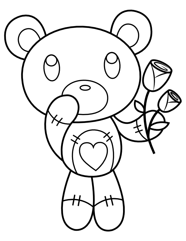 Printable valentines day teddy bear with roses coloring page