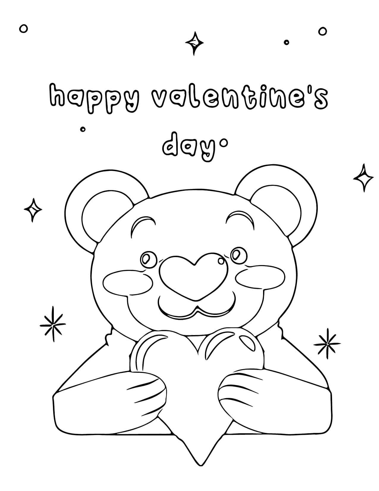 Cute teddy bear with heart in happy valentines day coloring page