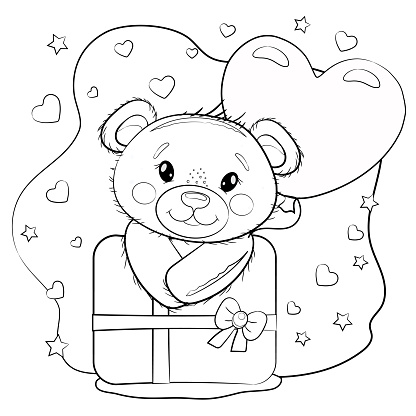 Cute teddy bear coloring with a balloon in the shape of a heart and a gift teddy bear on a white background with hearts vector cartoon outline illustration for valentines day or