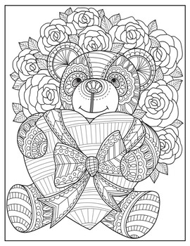 Teddy bear and heart coloring page zen doodle coloring sheet february activity