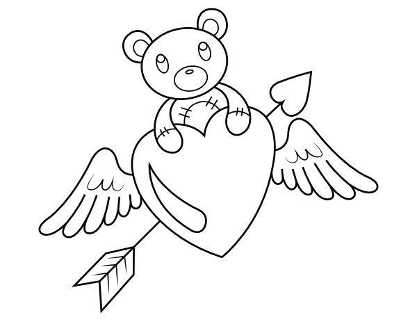 Printable teddy bear with heart arrow coloring page