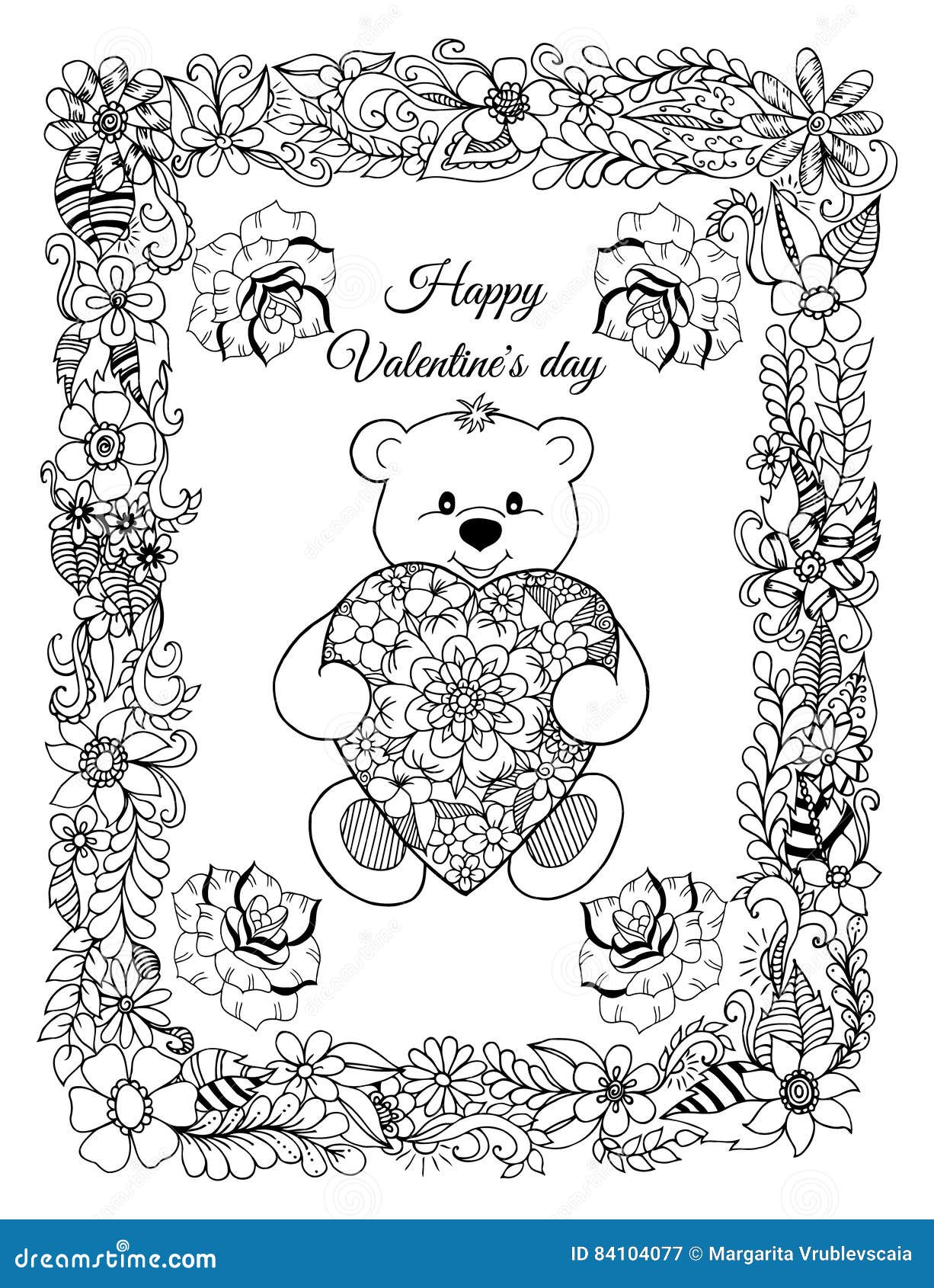 Vector illustration valentines a teddy bear with a heart in a frame from flowers the work made in manually stock vector