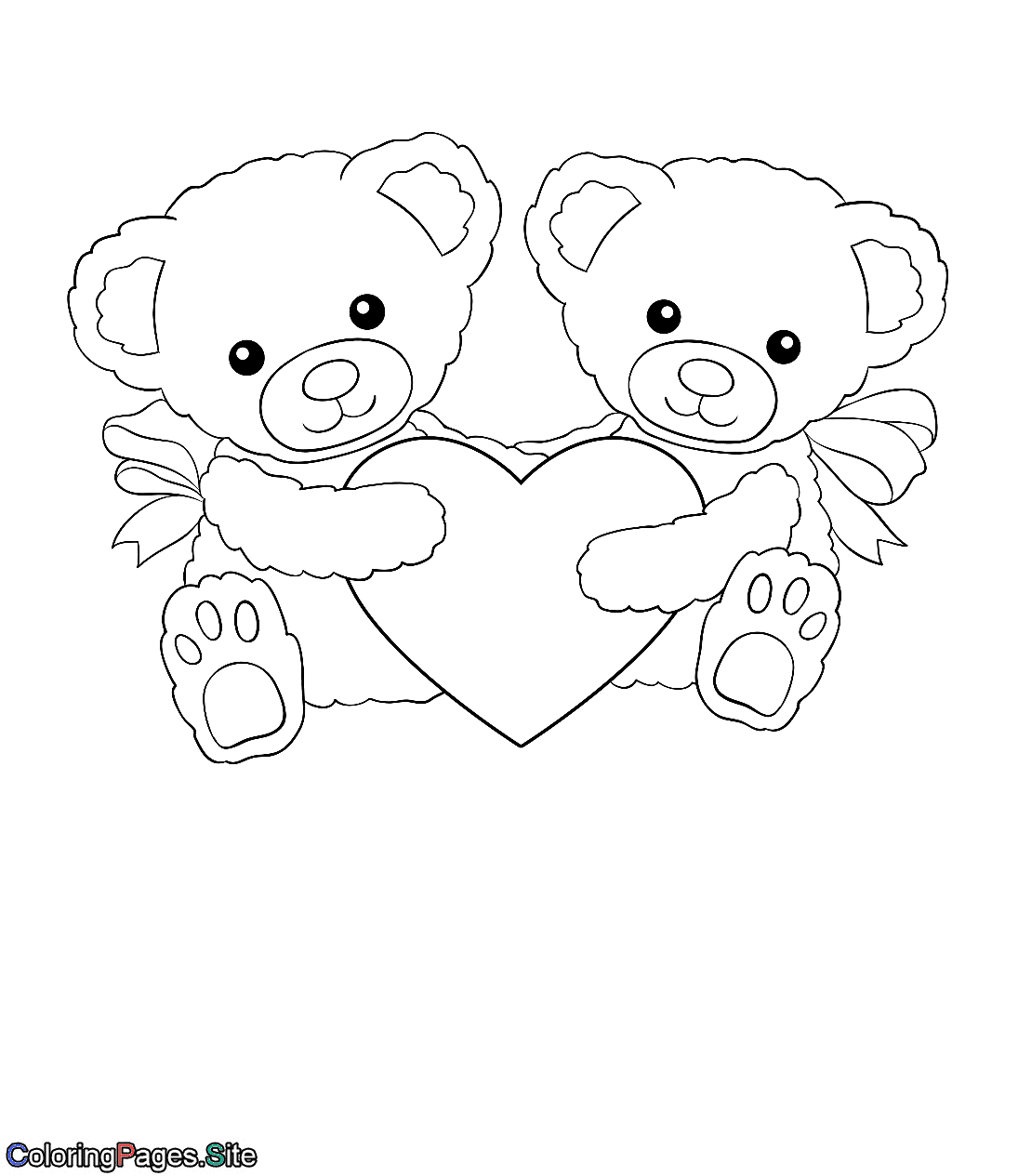 Valentines two bears holding a heart coloring page