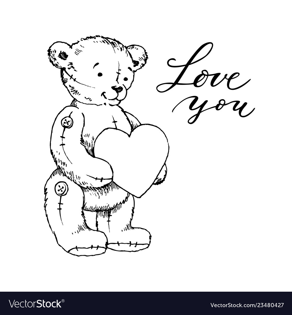 Teddy bear toy with heart coloring book royalty free vector