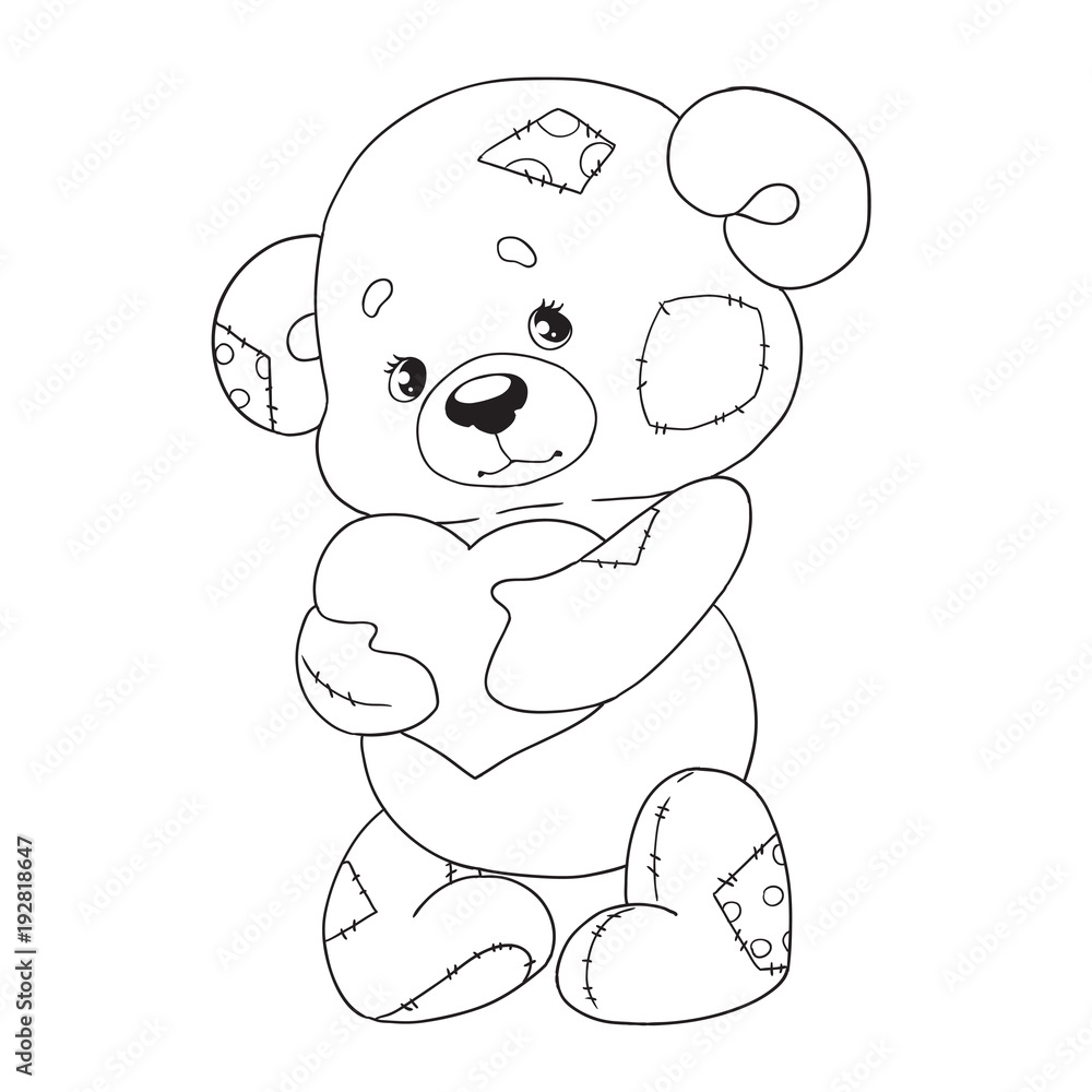 Cute cartoon character teddy bear with heart coloring book vector isolated vector