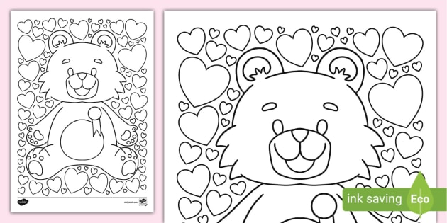 Teddy bear hearts colouring page teacher made