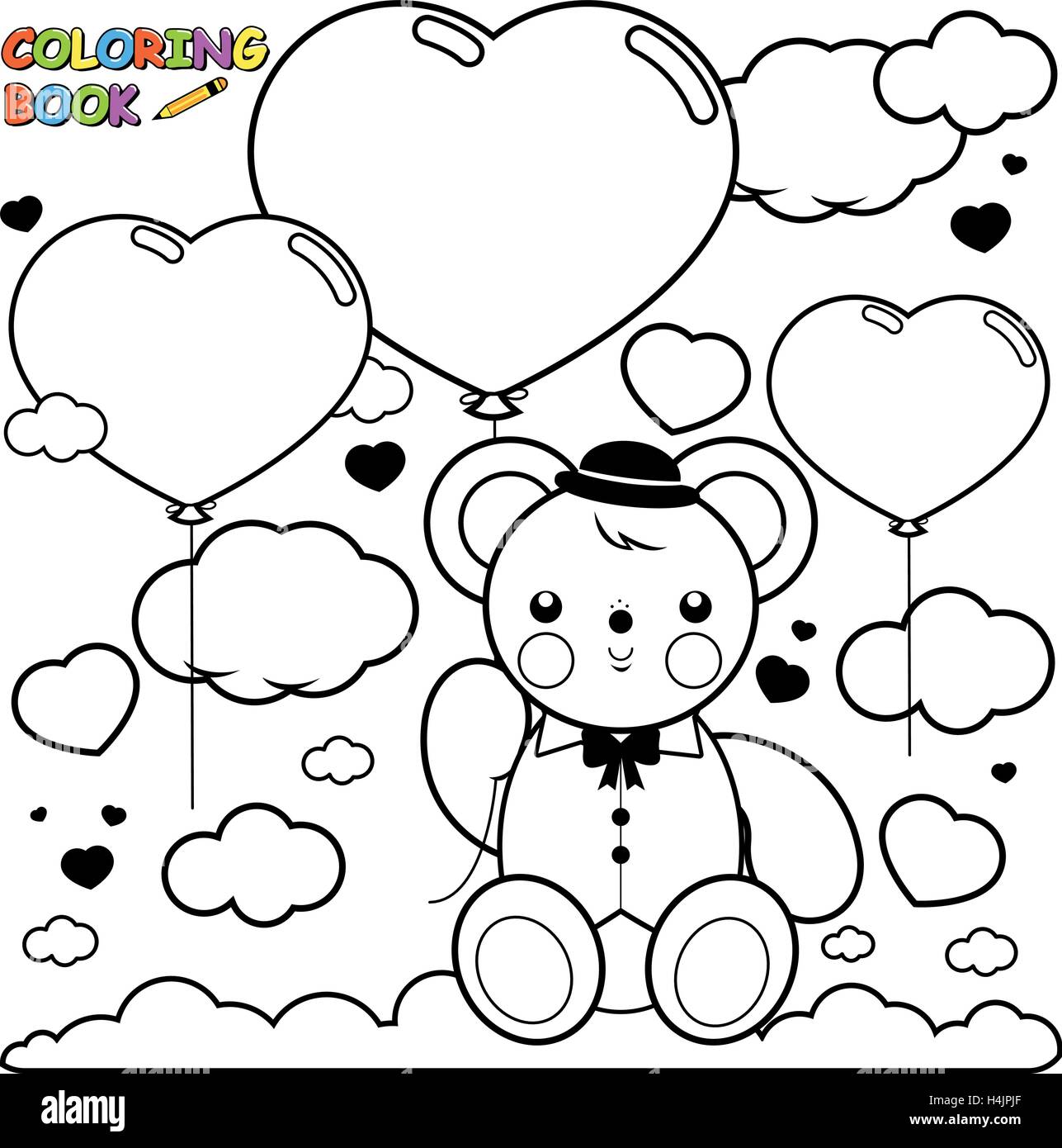 Teddy bear and heart balloons in the sky coloring book page stock vector image art