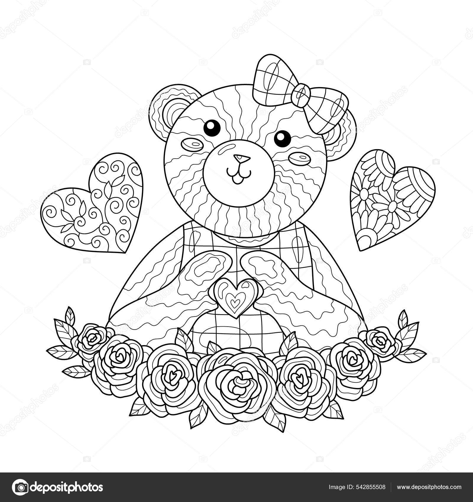 Lovely teddy bear show heart valentine day roses coloring book stock vector by daniellabelaya