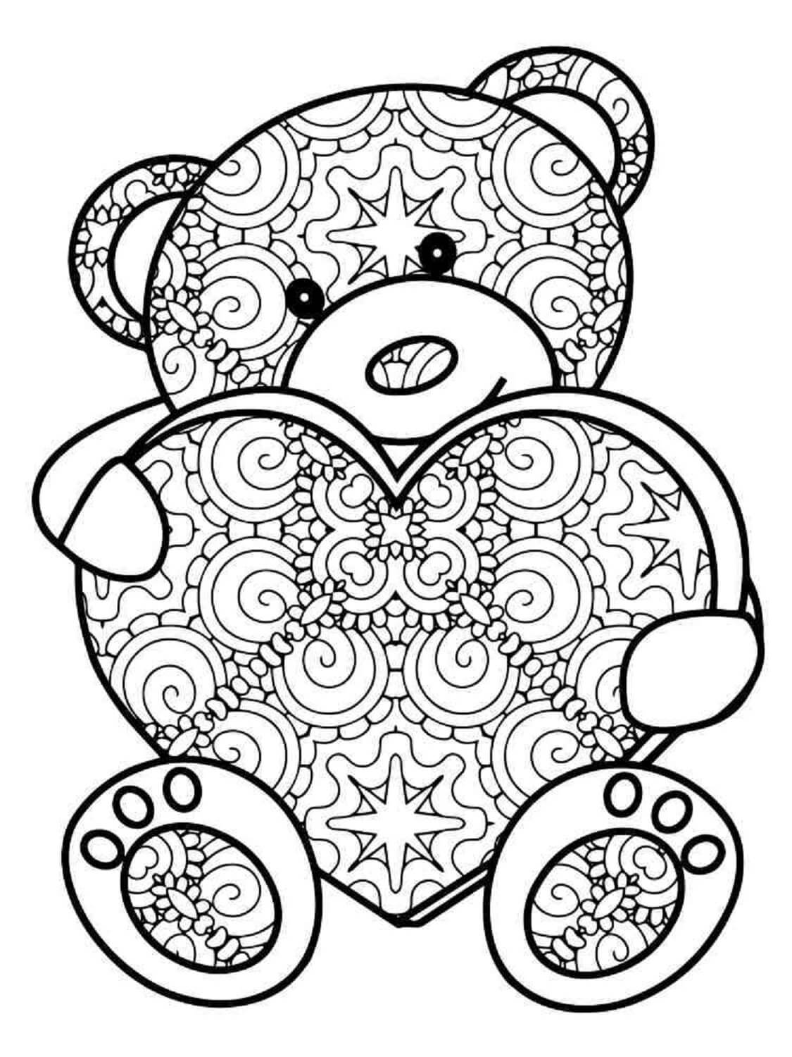 Teddy bear holding heart mandala coloring page
