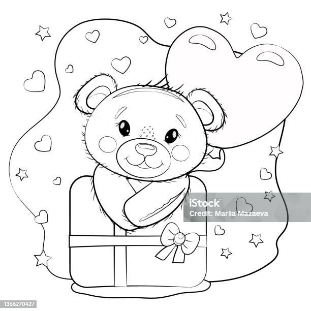 Cute teddy bear coloring with a balloon in the shape of a heart and a gift