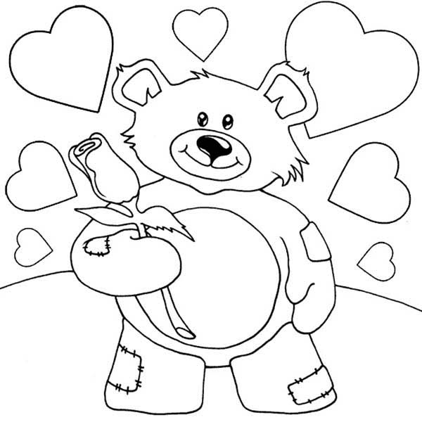 Valentine teddy bear holding rose coloring page color luna