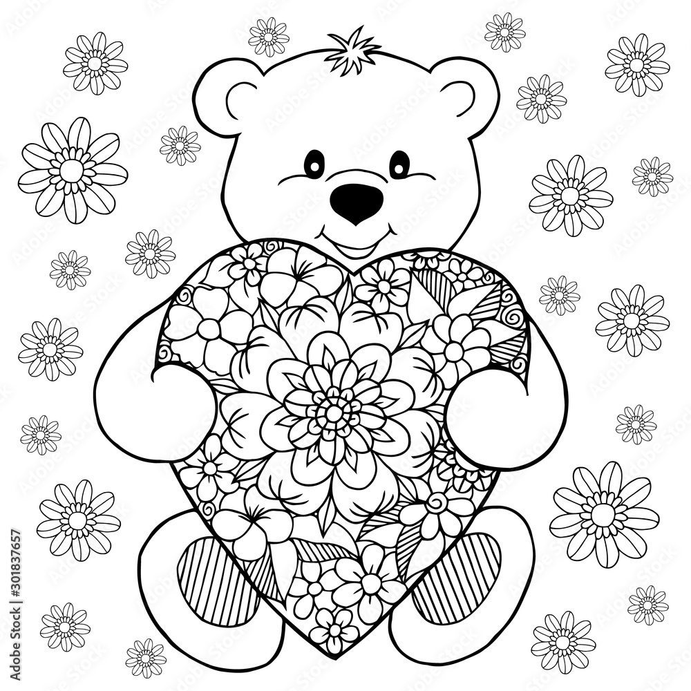 Vector illustration a teddy bear enamored with the heart among flowers doodle drawing meditative exercises coloring book anti stress for adults and children black white photo