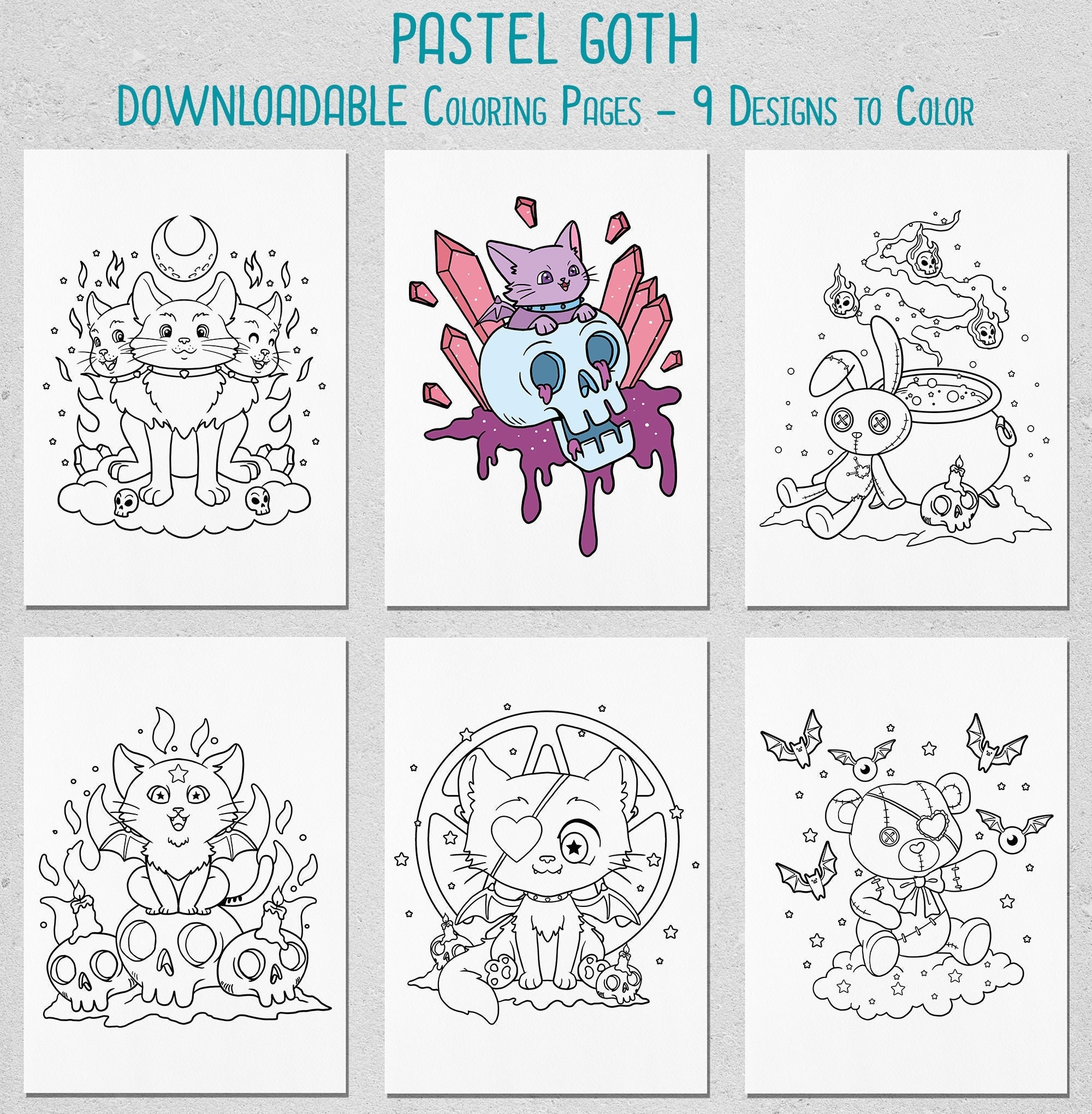 Printable pastel goth coloring pages demon cat scary cute teddy bear creepy kawaii digital pdf download download now