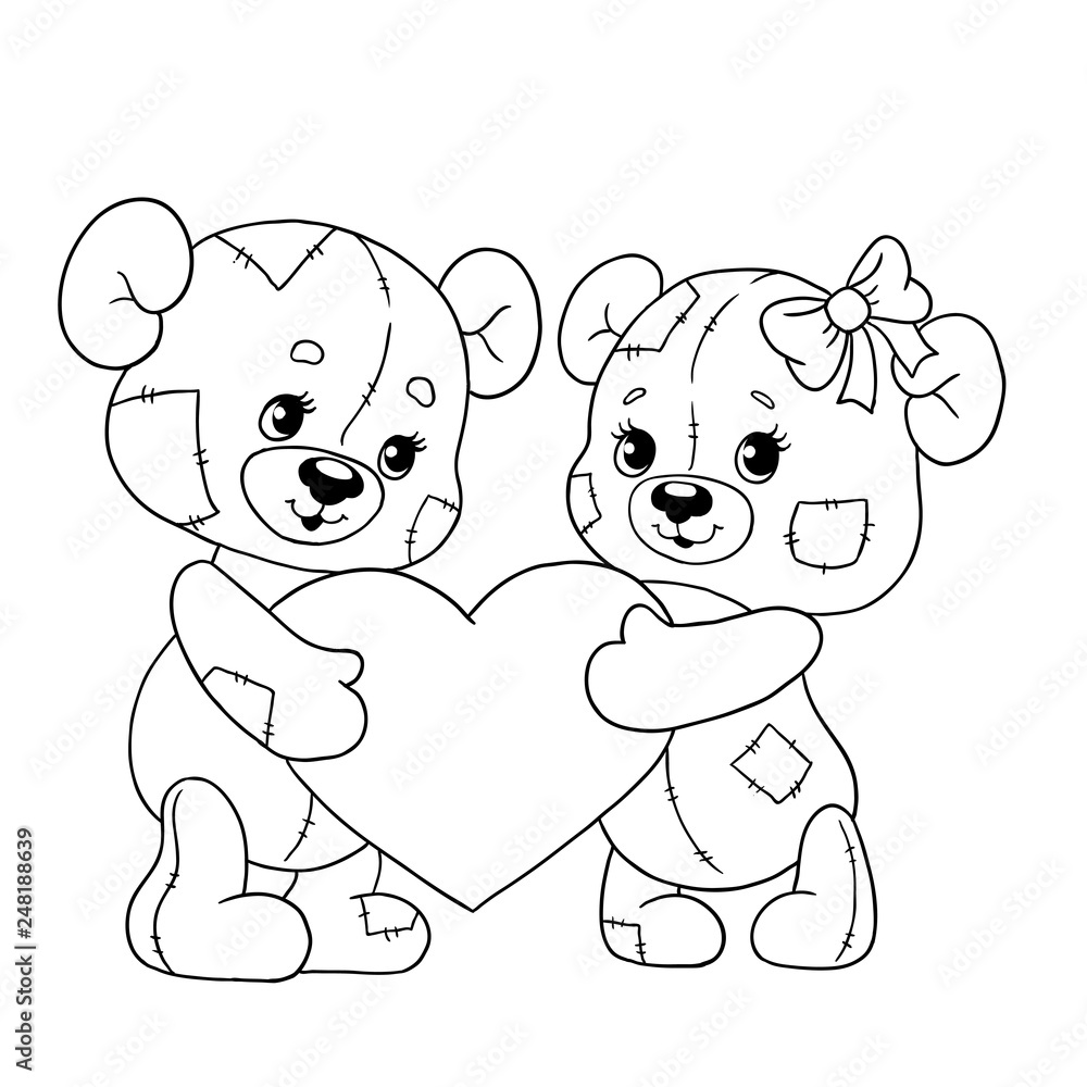 Cute bear cubs with a heart teddy bears for valentines day vector illustration line for coloring book vector