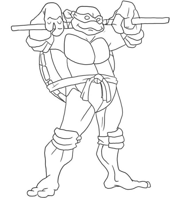 Donatello stylishly holds bo on his shoulders coloring page