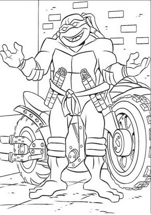 Michelangelo appeared on a powerful motorcycle coloring page