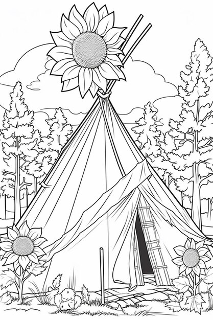 Premium ai image a coloring page of a teepee with a sunflower and a tent generative ai