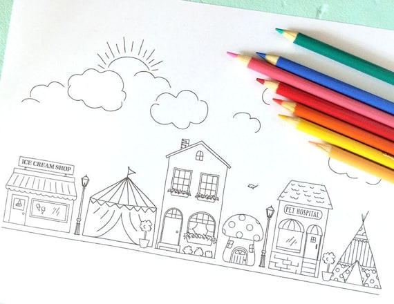 Printable imaginary town coloring page digital file instant download main street teepee circus tent gnome home