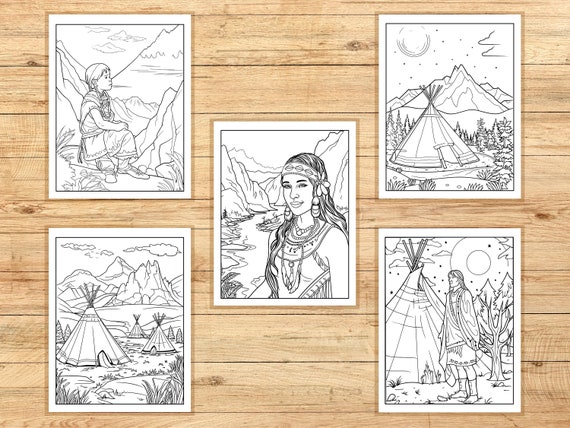 Native americans coloring pages scene landscape people teepee printable pages for adults pdf jpeg png digital download