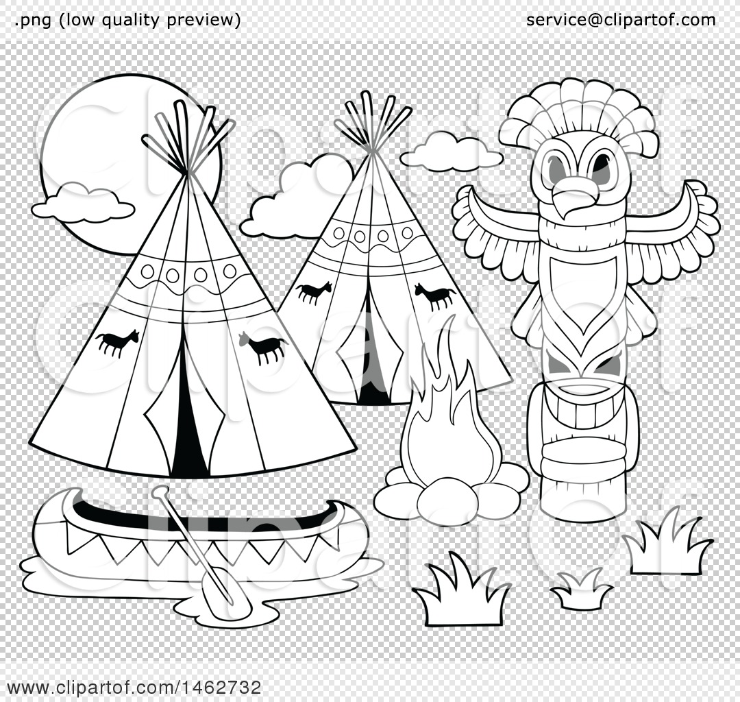 Clipart of a black and white native american camp with a canoe