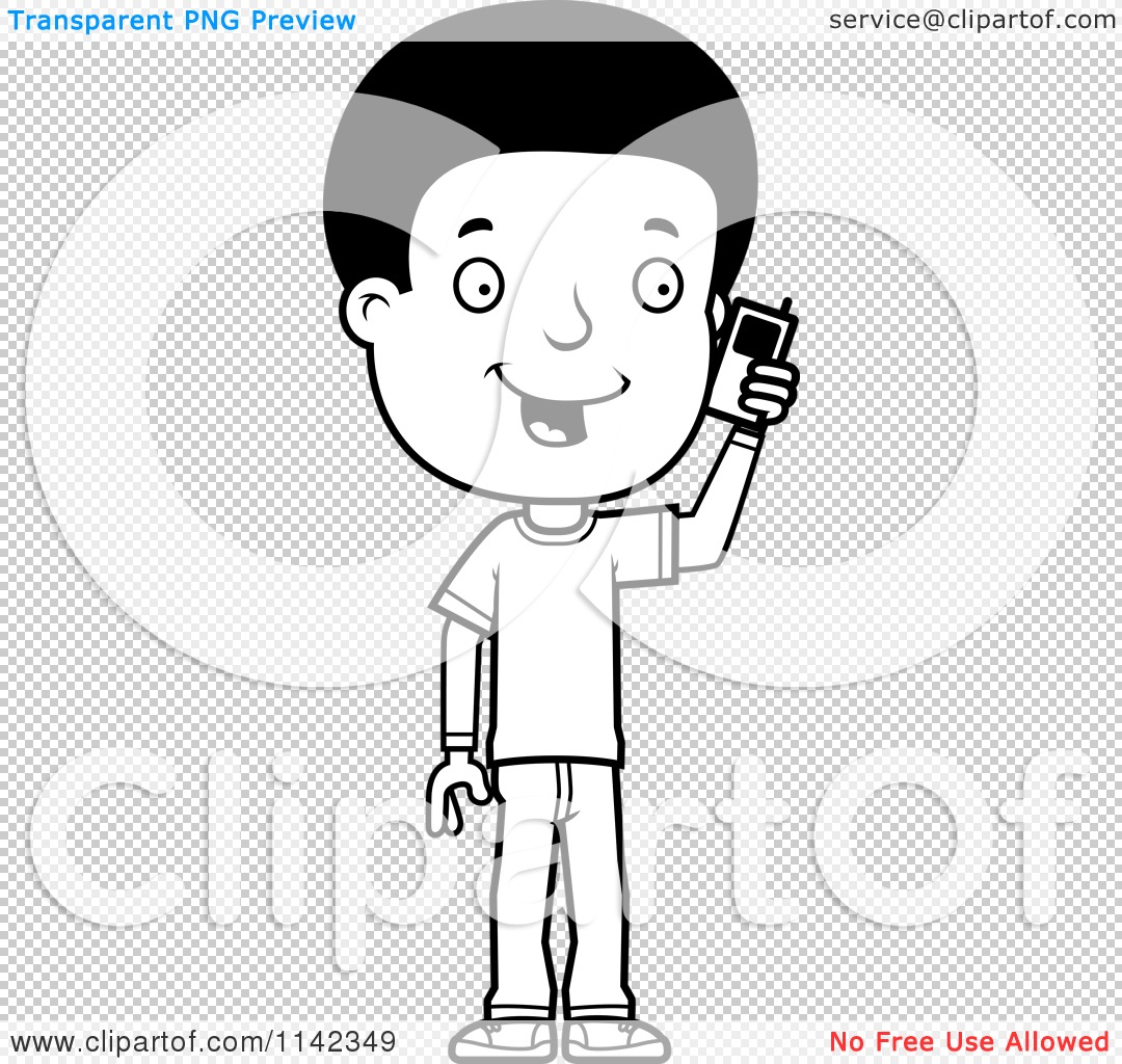 Cartoon clipart of a black and white adolescent teenage boy talking on a cell phone