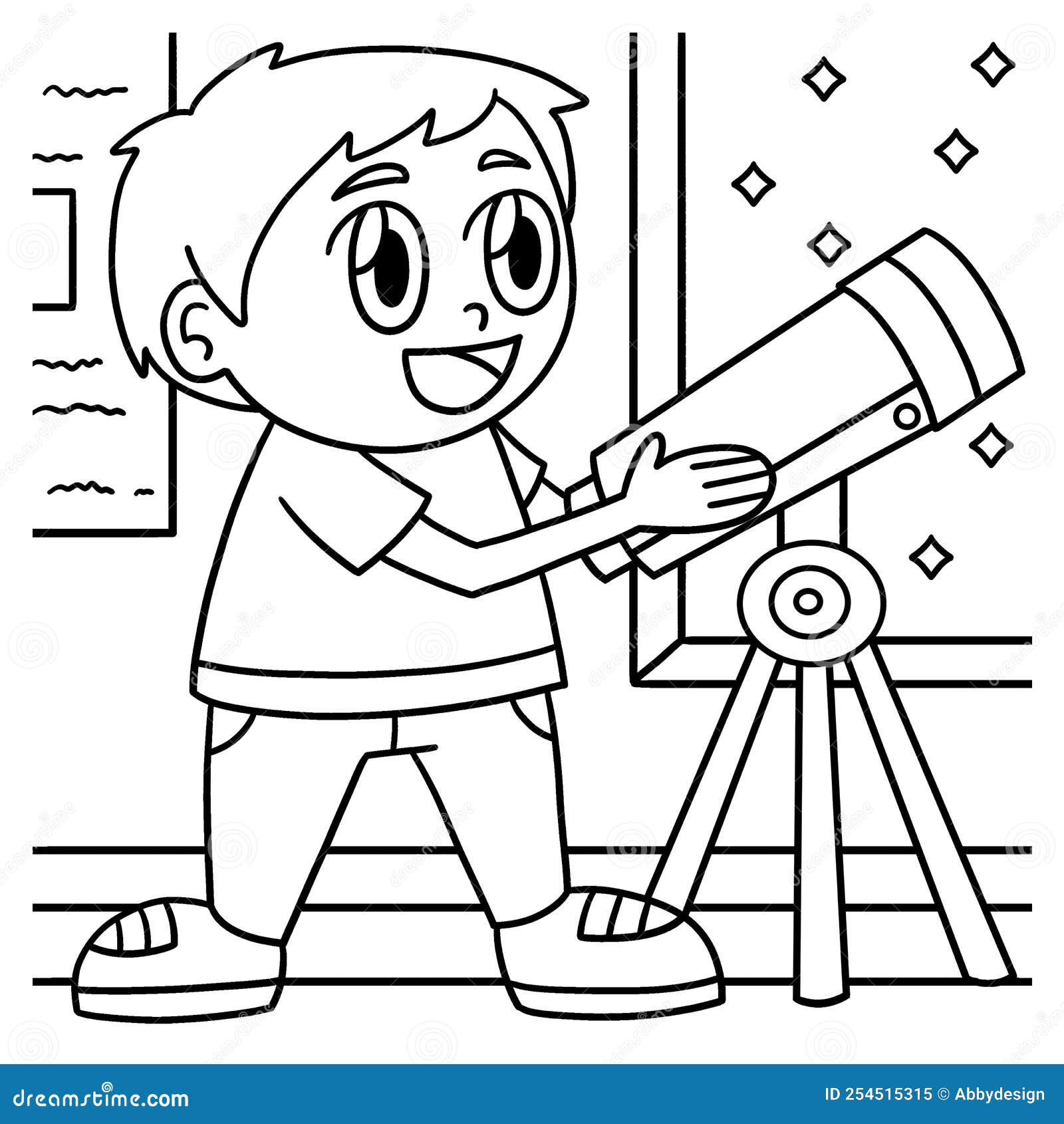 Boy using telescope coloring page for kids stock vector